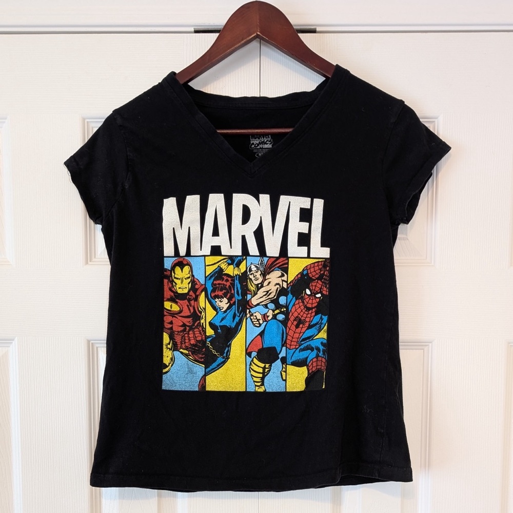 Marvel V-Neck Women’s Tee Shirt Black Widow Thor Iron Man Spiderman Comic Book